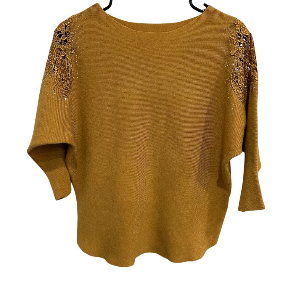 LIV Milano Womens Mustard Embellished Shoulder Knit Top Size Medium Fall Fashion